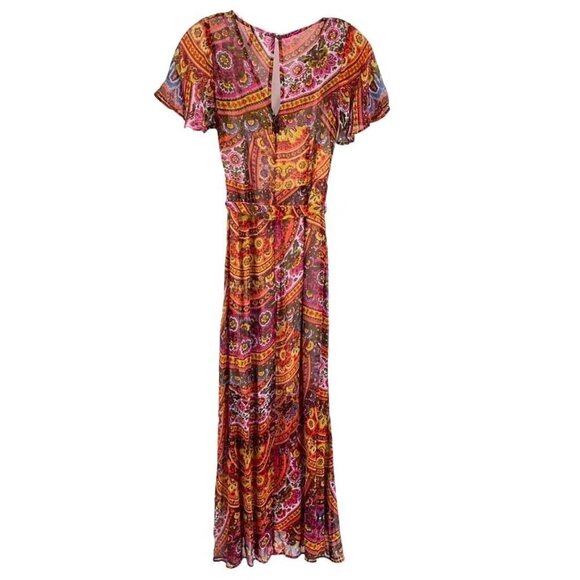 Akemi + Kin Anthro Sz US 0 Multicolor Murol Flutter Faux Wrap Chiffon Maxi Dress - Picture 8 of 11